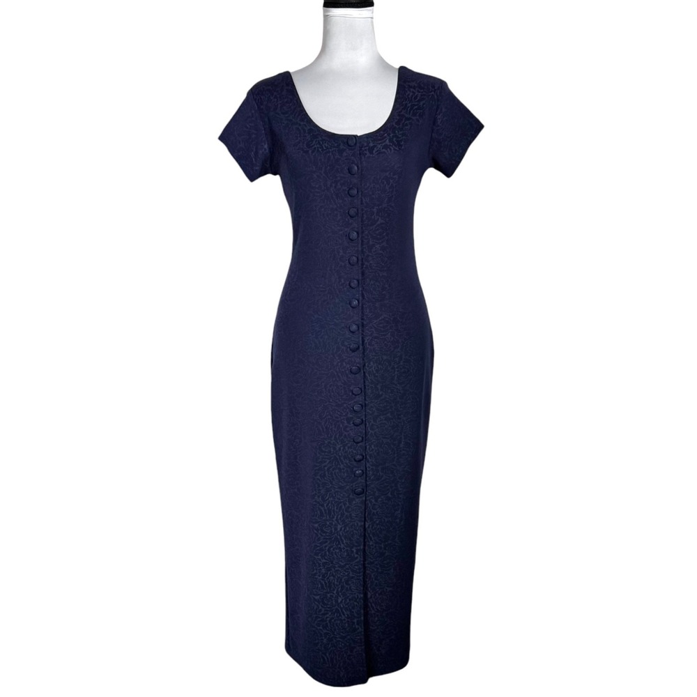 Vintage 90s‎ Floral Fitted Button Front Midi Dress Size M / Small Ribbed Column